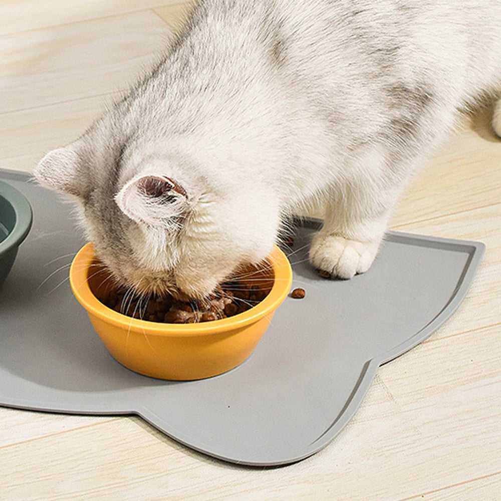 Tapete de silicona fácil de limpiar, antideslizante e impermeable de secado rápido con forma de gato para platos de comida y agua