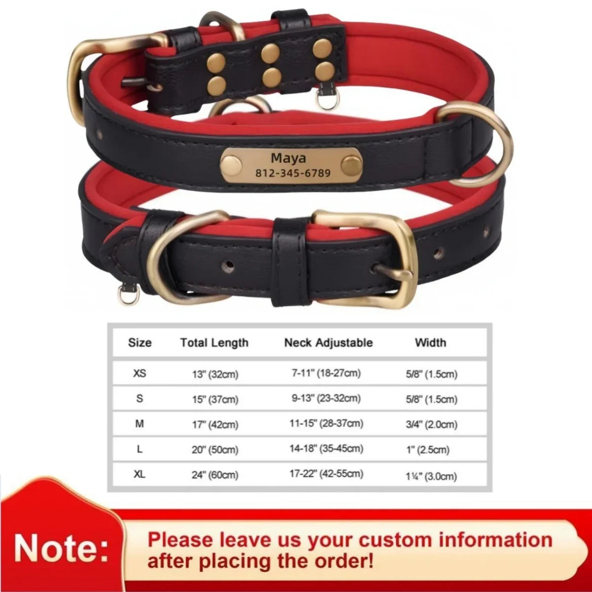 Collar de cuero suave y acolchado con etiqueta de identificación personalizada para mascotas