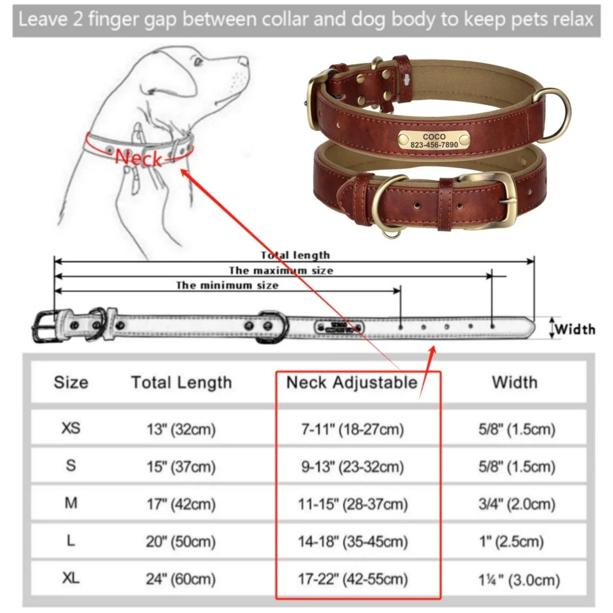 Collar de cuero suave y acolchado con etiqueta de identificación personalizada para mascotas