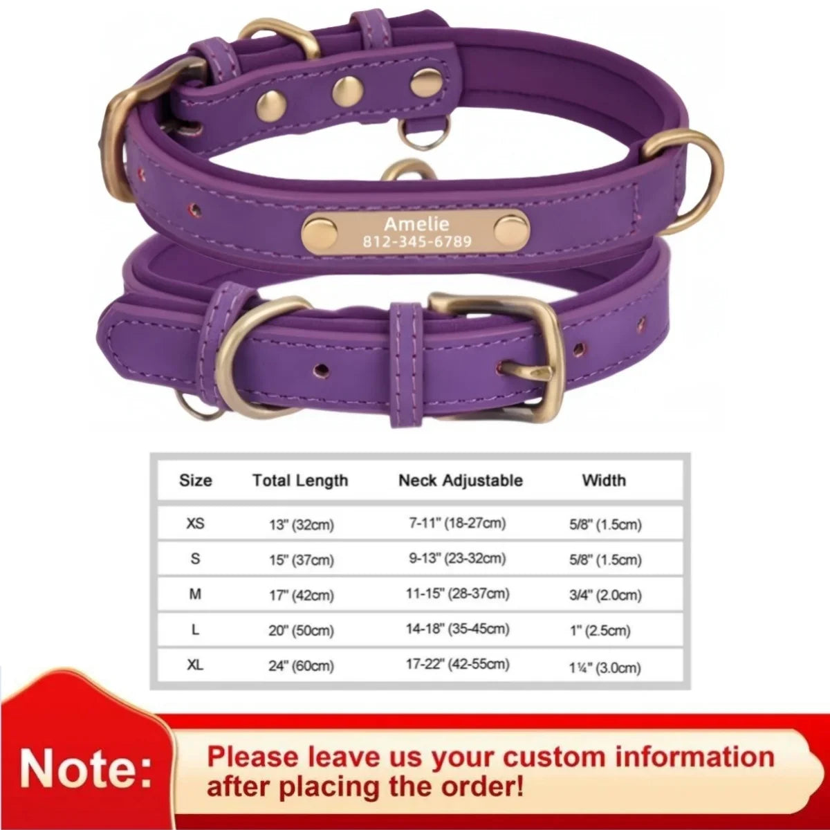 Collar de cuero suave y acolchado con etiqueta de identificación personalizada para mascotas
