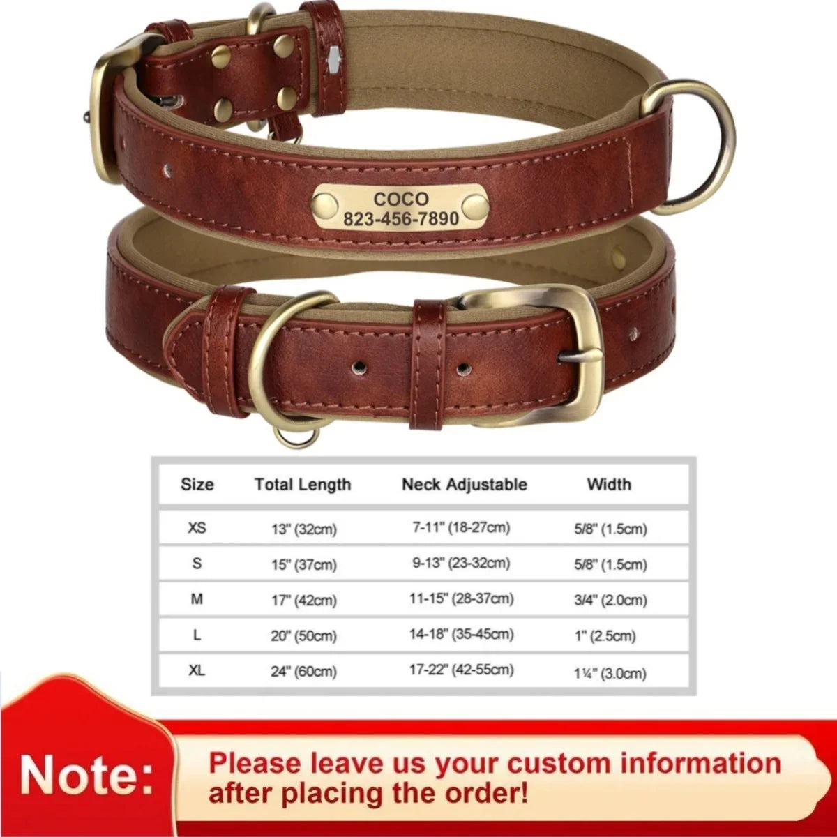 Collar de cuero suave y acolchado con etiqueta de identificación personalizada para mascotas