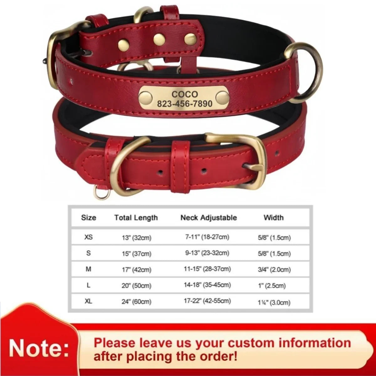 Collar de cuero suave y acolchado con etiqueta de identificación personalizada para mascotas