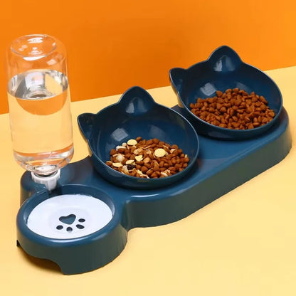Comedero rotatorio con tazones triples (2 tazones para comida, 1 tazón con botella de agua) para mascotas