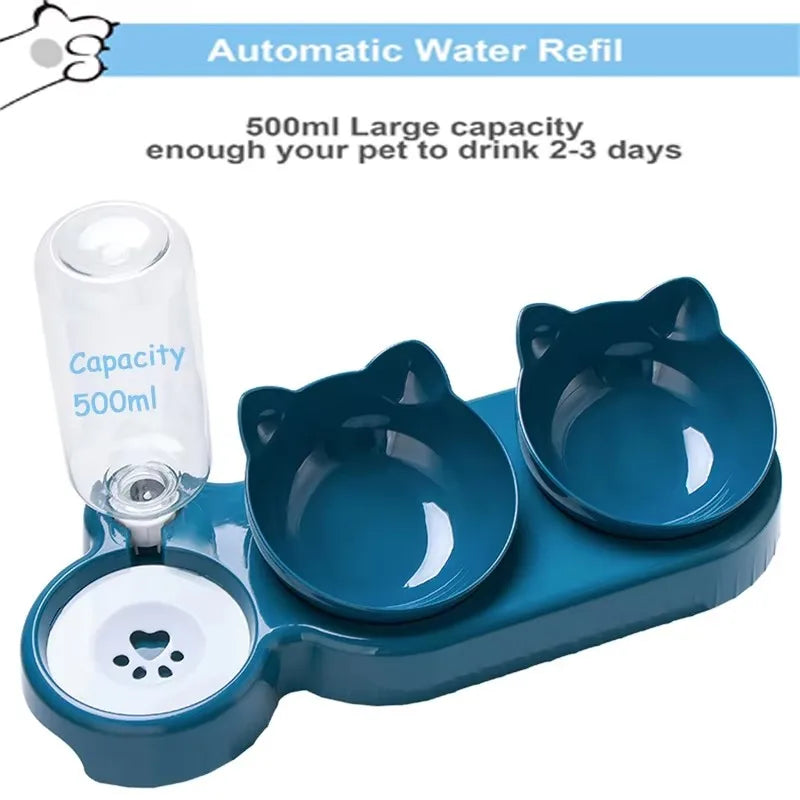 Comedero rotatorio con tazones triples (2 tazones para comida, 1 tazón con botella de agua) para mascotas