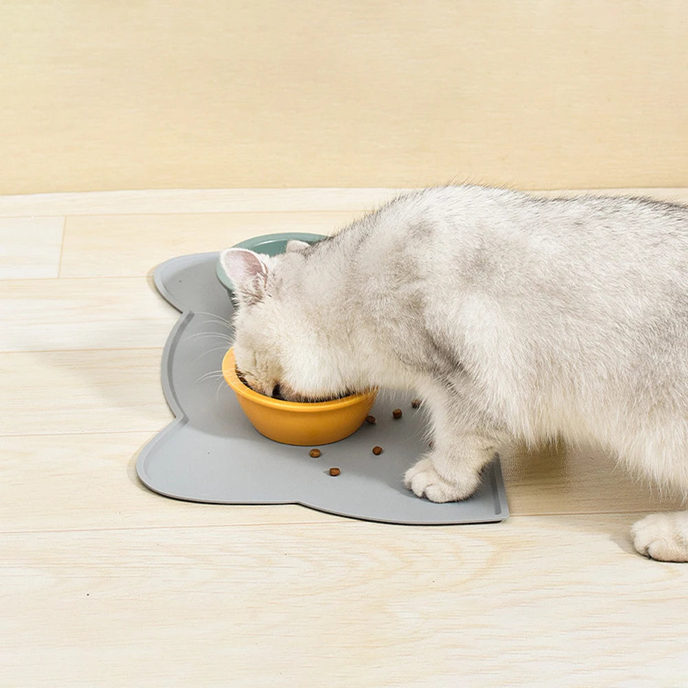 Tapete de silicona fácil de limpiar, antideslizante e impermeable de secado rápido con forma de gato para platos de comida y agua