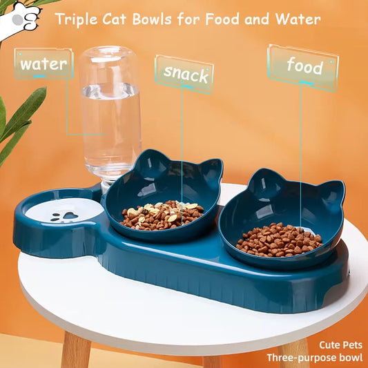 Comedero rotatorio con tazones triples (2 tazones para comida, 1 tazón con botella de agua) para mascotas