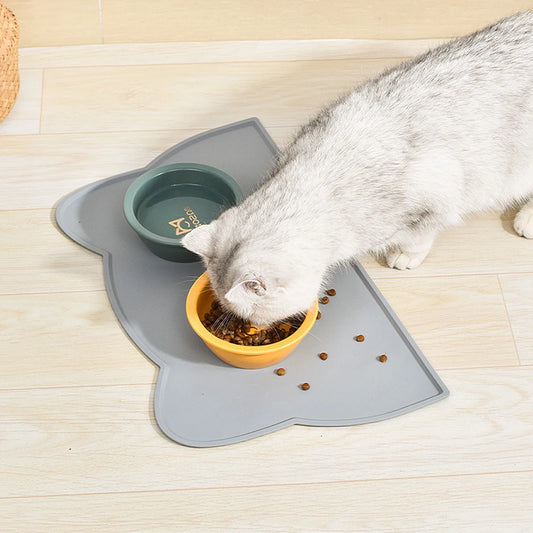 Tapete de silicona fácil de limpiar, antideslizante e impermeable de secado rápido con forma de gato para platos de comida y agua