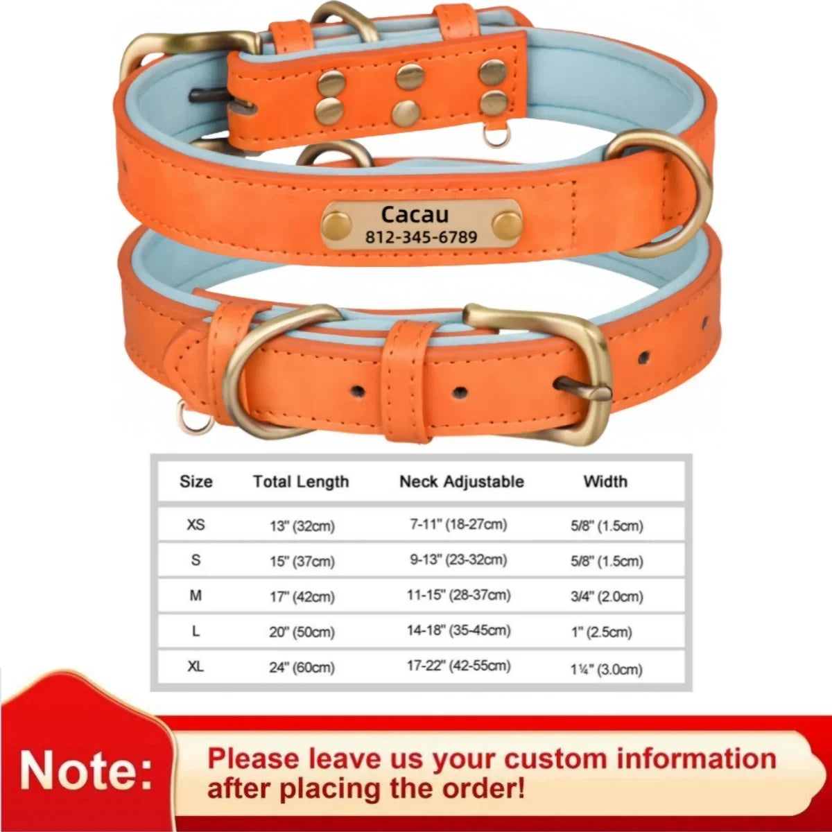 Collar de cuero suave y acolchado con etiqueta de identificación personalizada para mascotas
