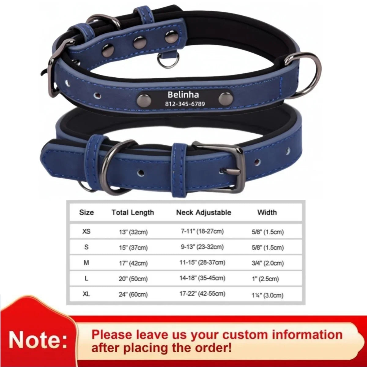 Collar de cuero suave y acolchado con etiqueta de identificación personalizada para mascotas