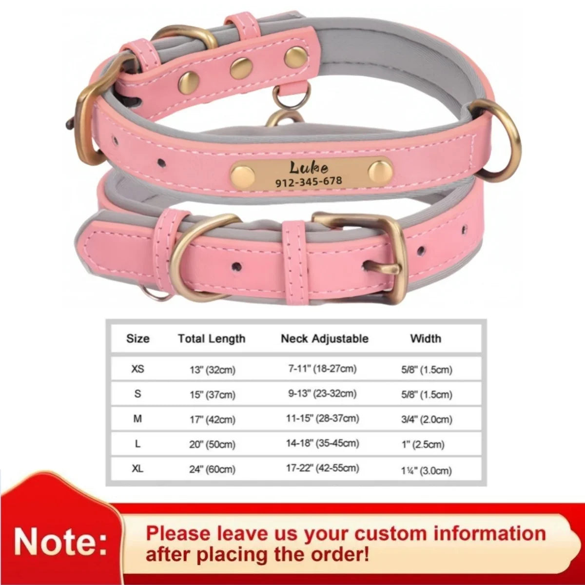 Collar de cuero suave y acolchado con etiqueta de identificación personalizada para mascotas