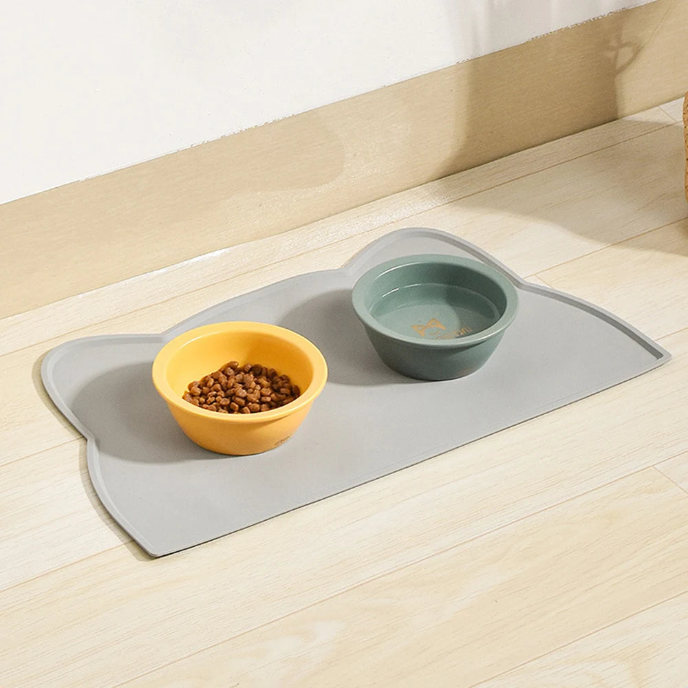 Tapete de silicona fácil de limpiar, antideslizante e impermeable de secado rápido con forma de gato para platos de comida y agua