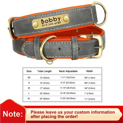 Collar de cuero suave y acolchado con etiqueta de identificación personalizada para mascotas