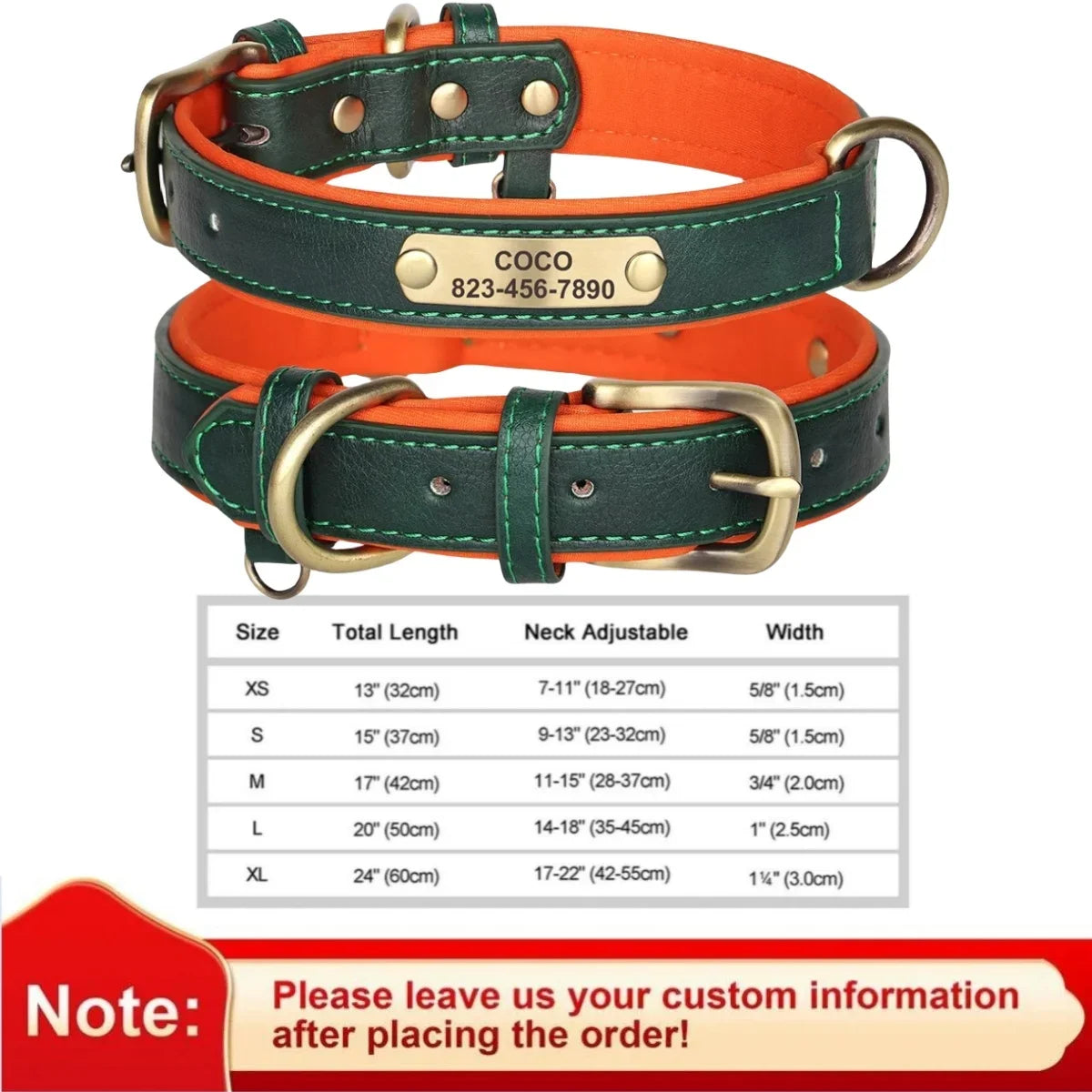 Collar de cuero suave y acolchado con etiqueta de identificación personalizada para mascotas